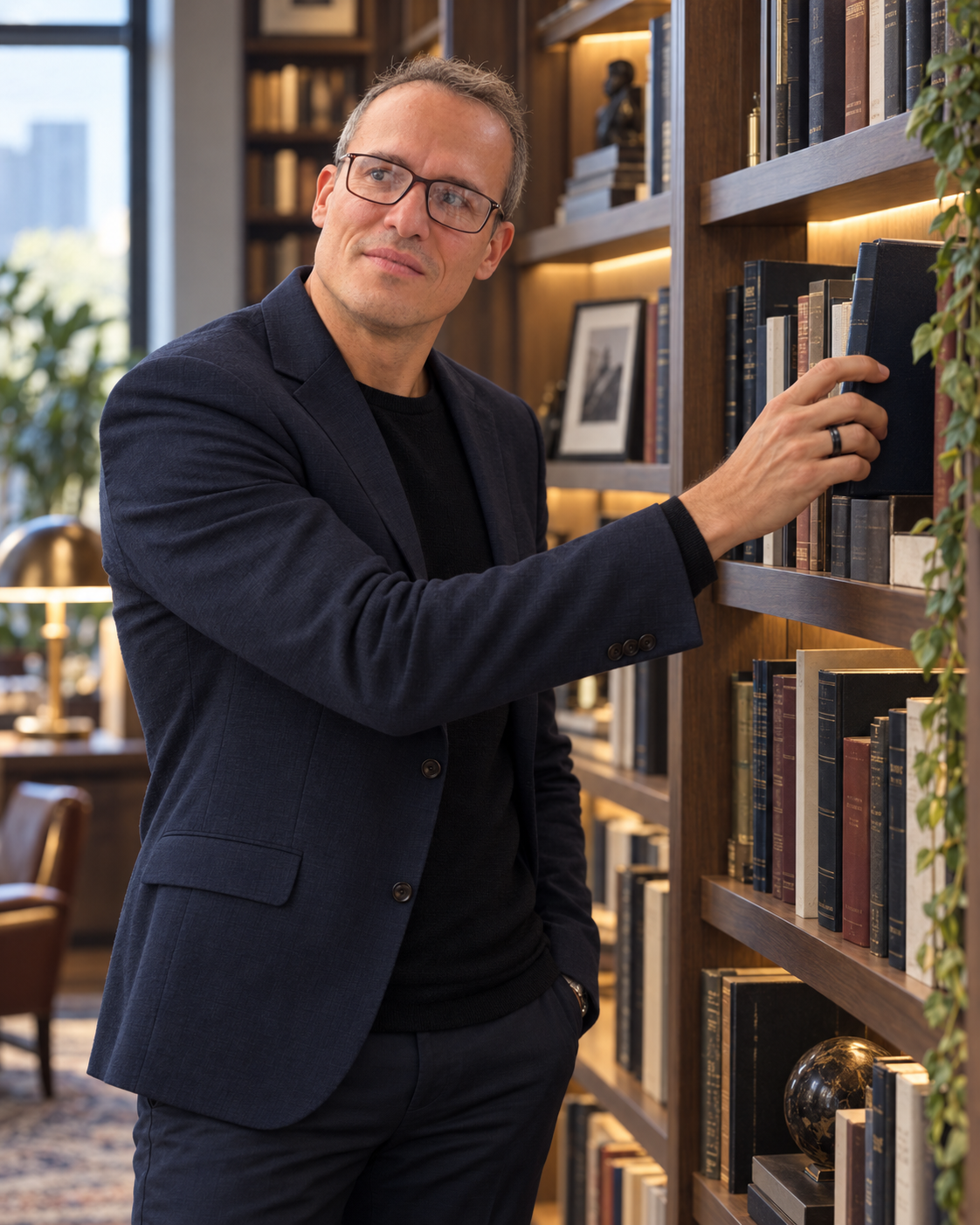 Pedro Miranda em uma biblioteca